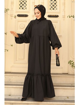 Neva Style Balon Kol Siyah Tesettür Poplin Elbise 57341S