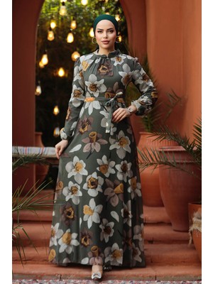 Neva Style Çiçek Desenli Haki Tesettür Elbise 279325HK