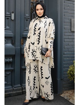 Neva Style Desenli Krem Tesettür Ikili Takım 12294KR