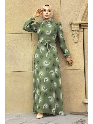 Neva Style Desenli Fıstık Yeşili Tesettür Elbise 27945FY
