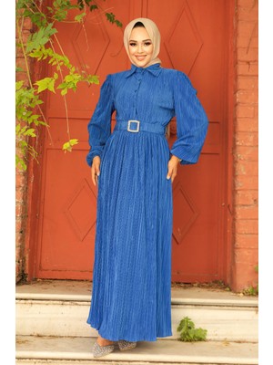 Neva Style Tokalı Kemerli İndigo Mavisi Tesettür Elbise 5936IM