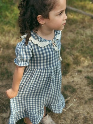 Cigit Pöti Kareli Yakalı Organik Müslin Elbise 2-10 Yaş İndigo Mavi