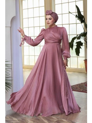 Drape Detaylı Gül Kurusu Tesettür Abiye Elbise 4823GK