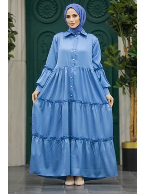 Neva Style Kat Piliseli İndigo Mavisi Tesettür Elbise 5884IM