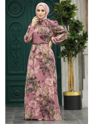 Neva Style Çiçek Desenli Gül Kurusu Tesettür Elbise 279318GK
