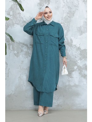 Düğmeli Petrol Mavisi Tesettür Ikili Takım 44661PM
