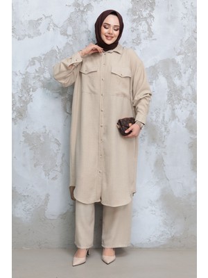 Düğmeli Bej Tesettür Ikili Takım 44661BEJ