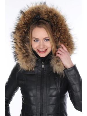Hakiki Deri Siyah Işlemeli Kapşon Kürklü Kadın Ceket