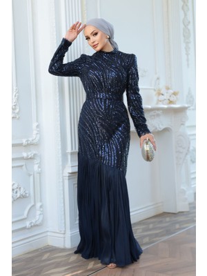Boncuk Işlemeli Lacivert Tesettür Abiye Elbise 50261L
