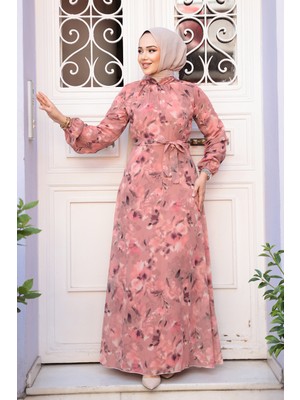 Çiçek Desenli Koyu Somon Tesettür Elbise 27987KSMN