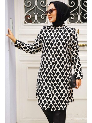 Neva Style Desenli Siyah Tesettür Tunik 11686S