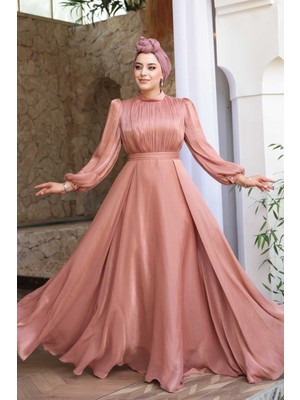 Drape Detaylı Pudra Tesettür Abiye Elbise 51072PD