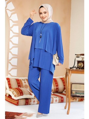 Pileli Sax Mavisi Tesettür Ikili Takım 70212SX