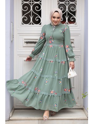 Çiçek Desenli Çağla Yeşili Tesettür Elbise 32815CY