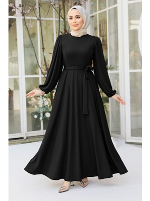 Neva Style Kemerli Siyah Tesettür Elbise 23101S