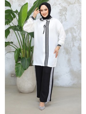 Fermuarlı Beyaz Tesettür Kumaş Ikili Takım 80013B