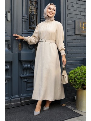 Neva Style Kemerli Bej Tesettür Elbise 661BEJ