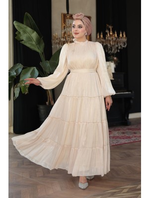 - Kat Piliseli Bej Tesettür Abiye Elbise 52981BEJ