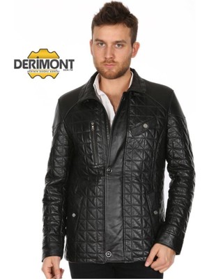 Hakiki Deri Siyah Kapitoneli Düğmeli Erkek Deri Ceket