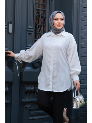 Çizgili Ekru Tesettür Tunik 101016E