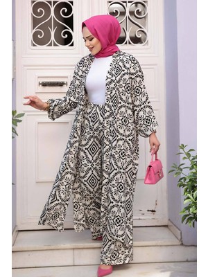 Desenli Ekru Tesettür Ikili Kimono Takım 12889E