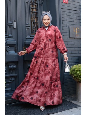 Desenli Bordo Tesettür Elbise 19040BR