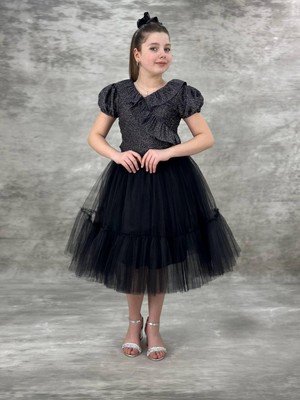 Bes Trend Kız Çocuk Eslem Simli Fırfır Dekolte Şık Elbise 10-13 Yaş