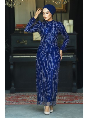 Boncuk Işlemeli Lacivert Tesettür Abiye Elbise 52053L