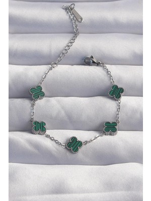 316L Çelik Baby Boy Gümüş Renk Çizgili Yeşil Mineli Yonca Bileklik