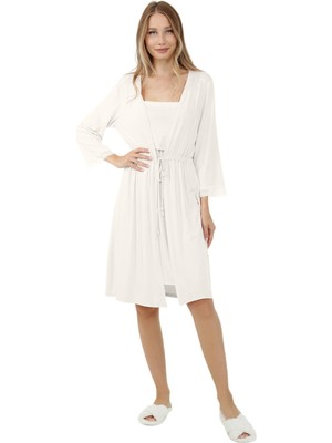 Luvmabelly MYRA9652 Sabahlıklı Önden Bölmeli Dantelli Emzirme Geceliği -Ekru