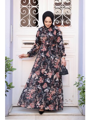 Çiçek Desenli Siyah Tesettür Elbise 27968S