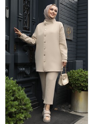 Düğmeli Bej Tesettür Ikili Takım 12391BEJ