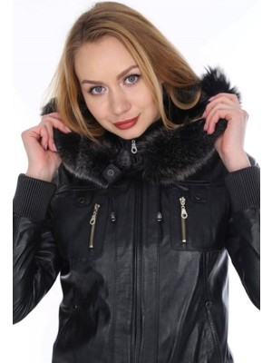 Hakiki Deri Siyah Kapşon Kürklü Kadın Ceket