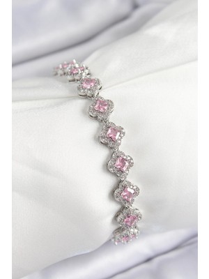 Pirinç Zirkon Taşlı Pembe Yonca Baget Model Gümüş Renk Vıp Seri Kadın Bileklik