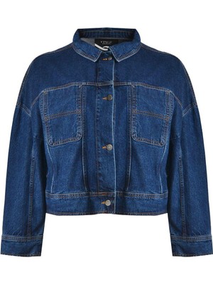 Kadın Büyük Beden Mavi, Düğme Kapama, Cepli Kısa Kot Mont 65N39020