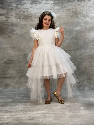 Kız Çocuk Tokalı Pullu Fiyonklu Şık Kat Kat Kuyruklu Elbise