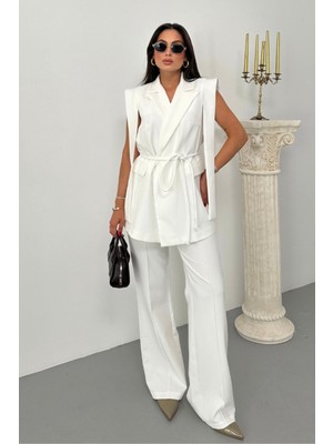 Kadın Alt Üst Ikili Takım Omuz Detaylı Kuşaklı Yelek Pantolon Takım
