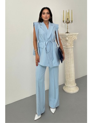 Kadın Alt Üst Ikili Takım Omuz Detaylı Kuşaklı Yelek Pantolon Takım