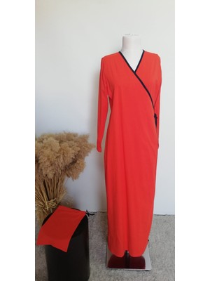 1998_PRATIK Yandan Bağlamalı Kruvaze Biye Kuşaklı %100 Pamuk Kumaş Tesettür Namaz Elbisesi