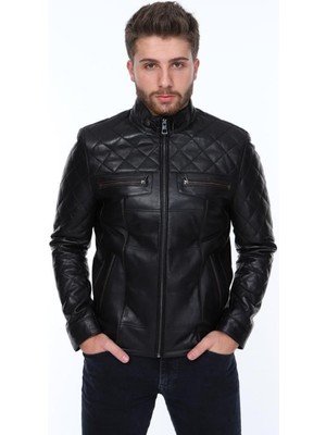Hakiki Deri Siyah Kapitone Dik Yaka Erkek Deri Ceket