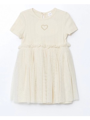 Lcw Kids Bej Nakışlı Penye Tüllü Kız Çocuk Elbise