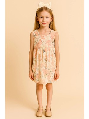 Kız Çocuk Çiçek Desenli %100 Pamuk Somon Renk  Elbise
