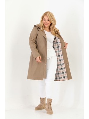 Kadın Suya Dayanıklı Büyük Beden Trençkot Uzun Kapüşonlu Trençkot Bonded Kumaş Içi Ekoseli Trençkot
