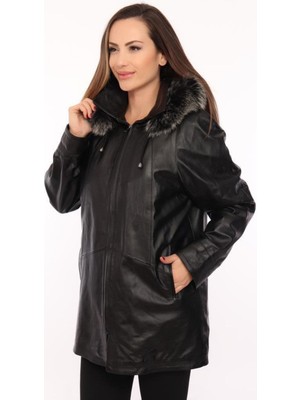 Hakiki Deri Siyah Kapşonlu Kürklü Sheila Kadın Ceket
