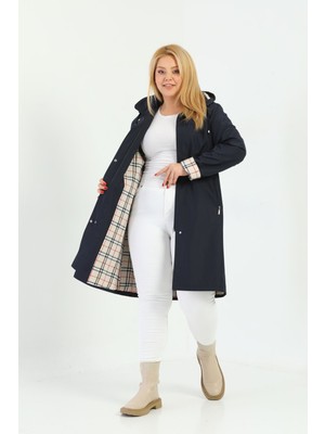 Kadın Suya Dayanıklı Büyük Beden Trençkot Uzun Kapüşonlu Trençkot Bonded Kumaş Içi Ekoseli Trençkot