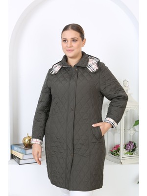 Kadın Uzun Suya Dayanıklı Kapitone Kapüşonlu Kapitone Mont Büyük Beden Kapitone Ekoseli Kapitone