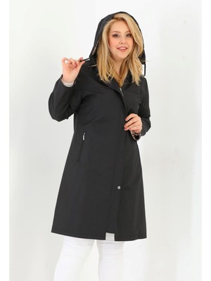 Kadın Suya Dayanıklı Büyük Beden Trençkot Uzun Kapüşonlu Trençkot Bonded Kumaş Içi Ekoseli Trençkot