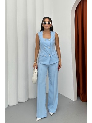 Kadın Ikili Alt Üst Takım Şık Düğme Detaylı Kare Yaka Yelek Pantolon Takım