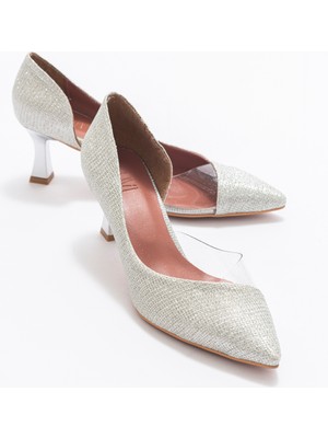 Luvi Kadın Topuklu Ayakkabı Lame Simli Suni Deri Orta Topuk Stiletto Neolit Taban