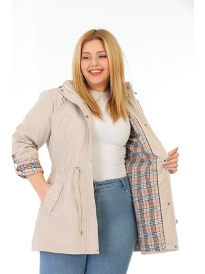 Kadın Suya Dayanıklı Büyük Beden Trençkot Kapüşonlu Ekoseli Haki Trençkot Bonded Kumaş Trençkot